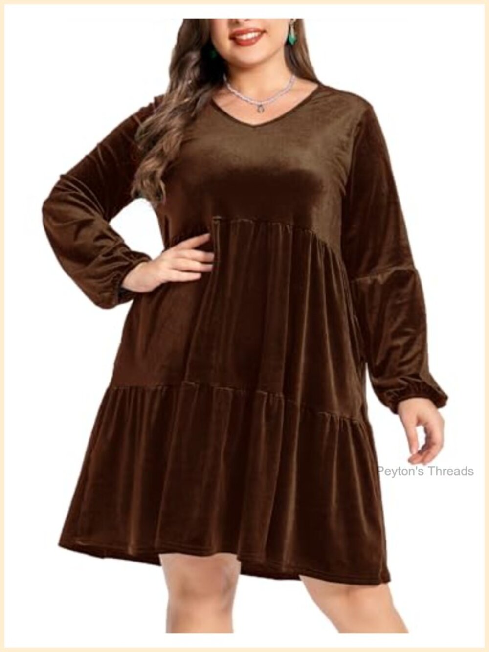 Velvet Midi Dress Long Sleeve V-Neck A-Line Plus Size with Pockets